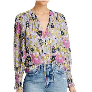 Rebecca Taylor Passion Flower Tie Front Blouse Sz Large Purple Blue